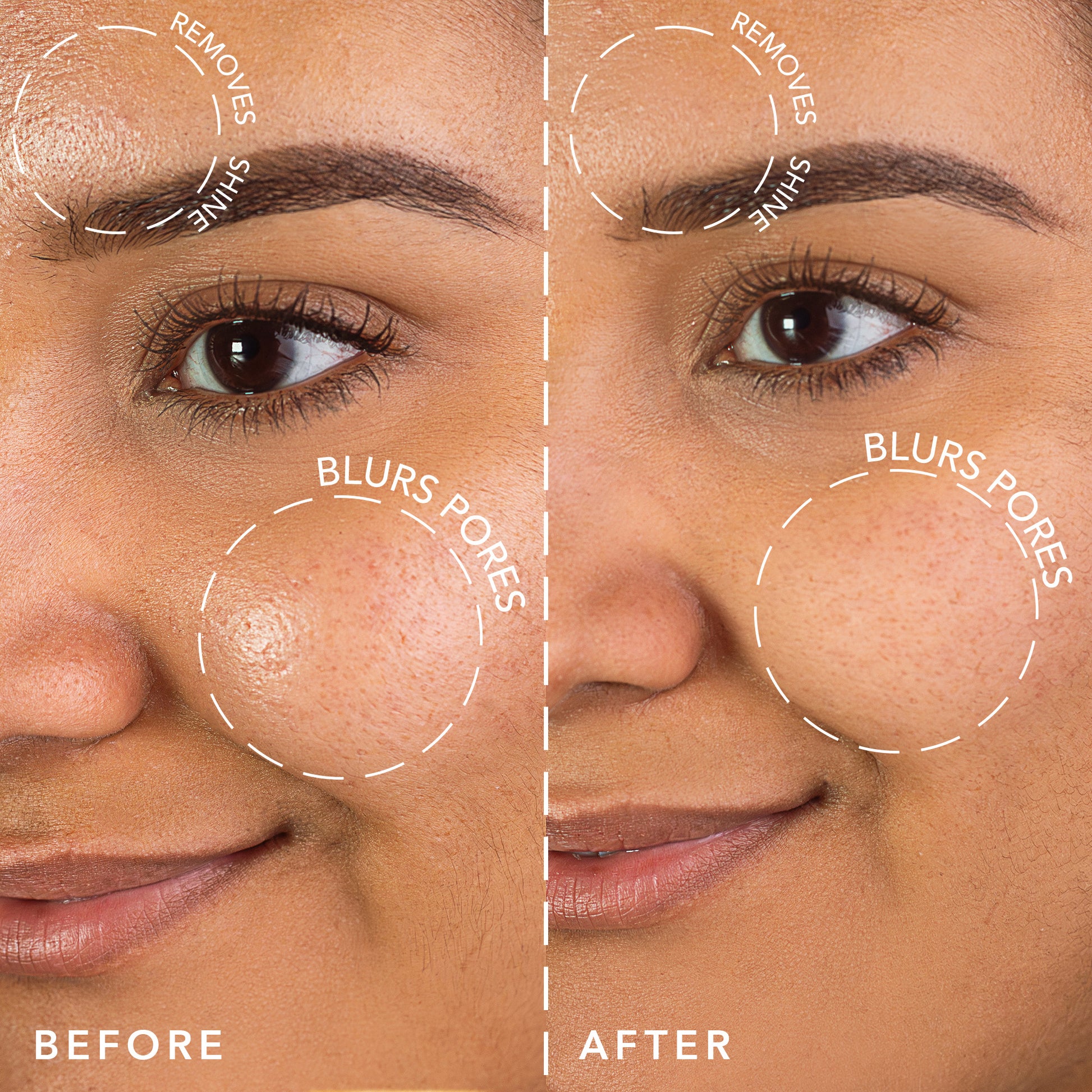 Before and after comparison of a blurring and mattifying, smooth primer on a person's face.
