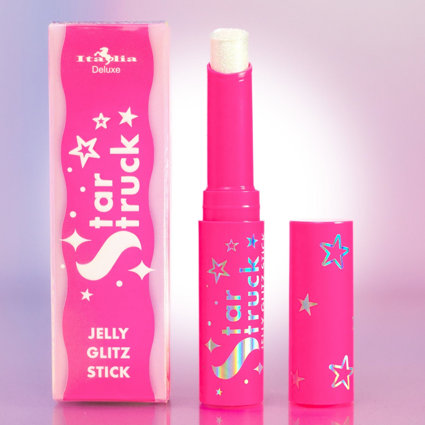 Pink 'Star Struck' jelly glitz stick with packaging on a purple background