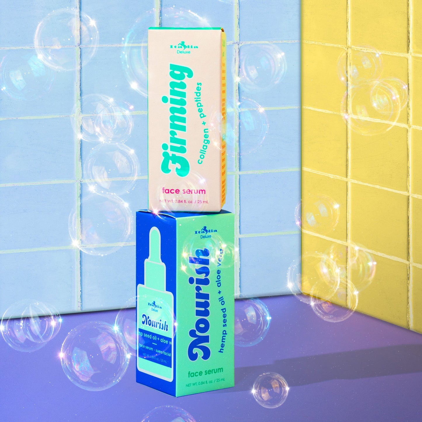 Two skincare product boxes, 'Firming' and 'Nourish', against a tiled wall with soap bubbles.