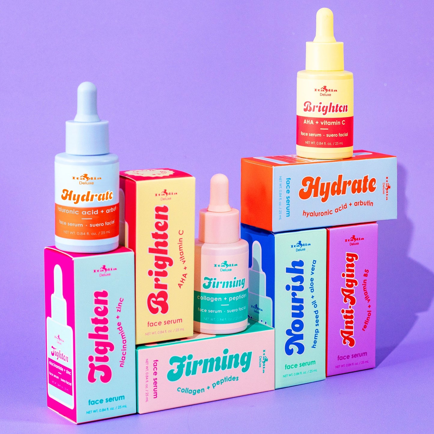 Set of skincare products with colorful boxes on a purple background