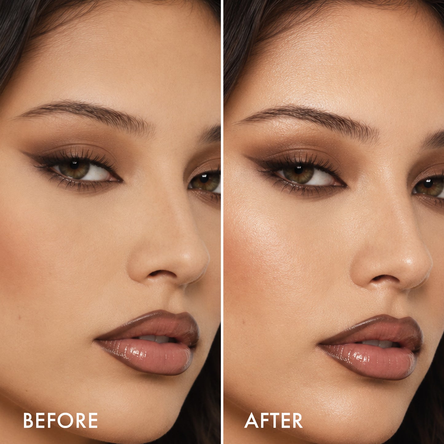Close-up before-and-after comparison of a woman's face showing the finish of the Italia Deluxe Makeup Jellylicious gRIP AND sET spRAY FINISH. 