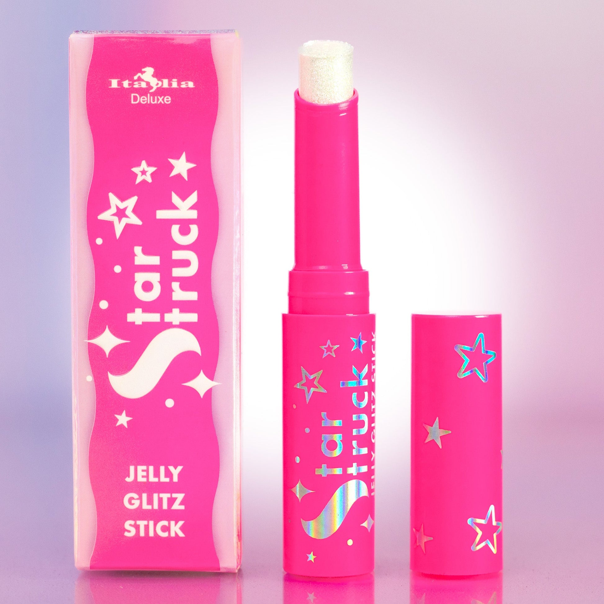 Pink 'Star Struck' jelly glitz stick with packaging on a purple background