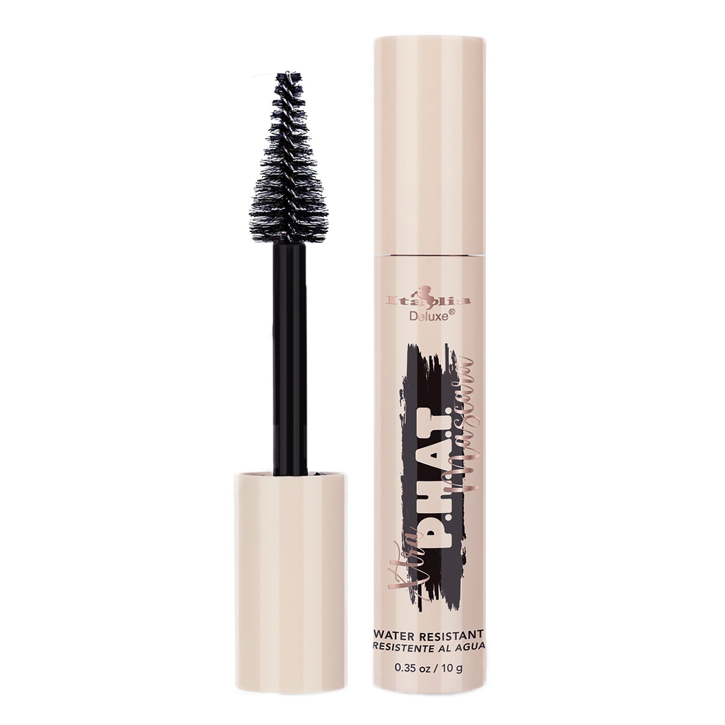 Close-up image showcasing the Xtra P.H.A.T. Mascara tube, emphasizing its intense black color and a fat brush designed for volumizing and lengthening lashes.