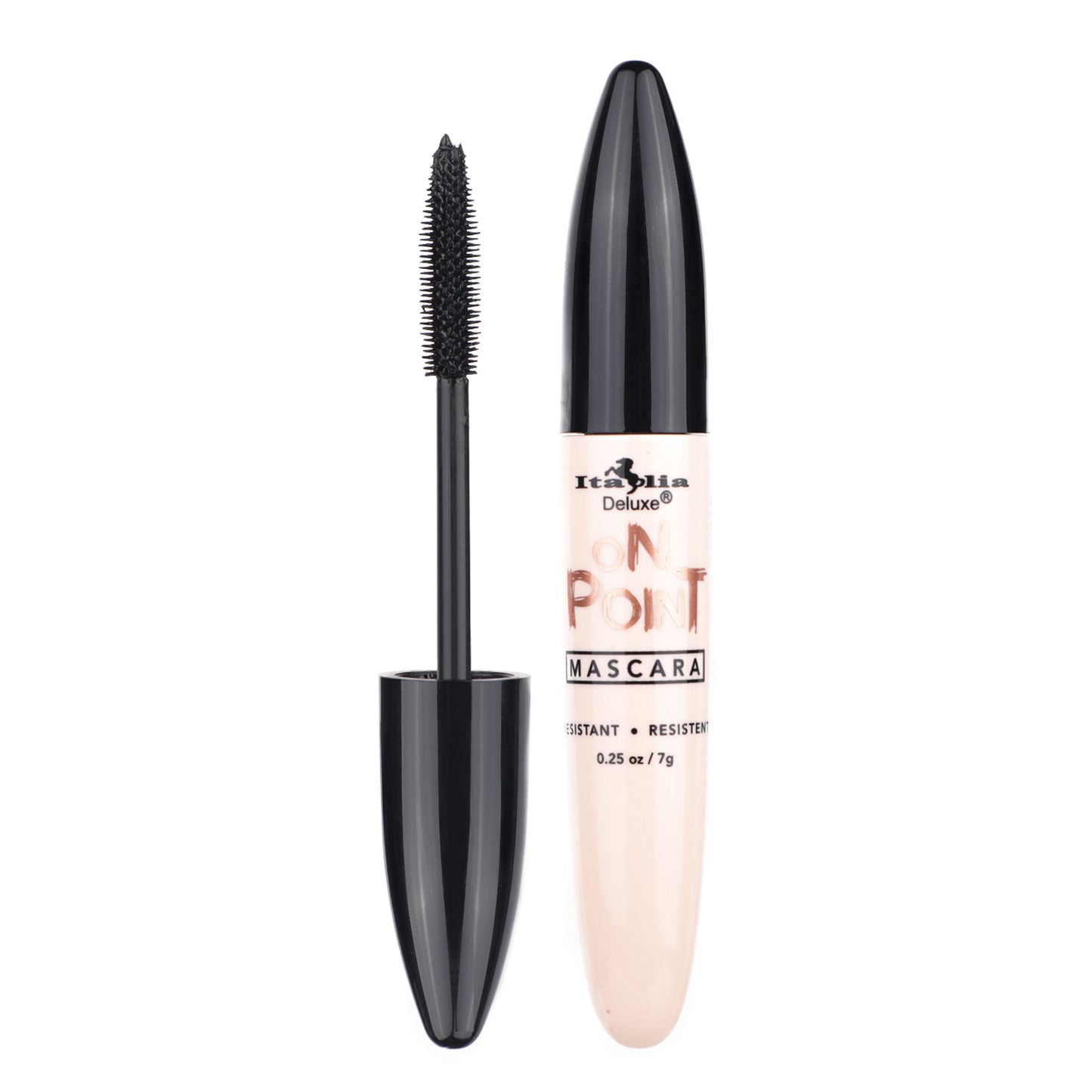 Close-up image of On Point Mascara tube alongside a silicone wand applicator, showcasing its sleek design and innovative brush for lifting, curling, and defining lashes in rich, intense black.