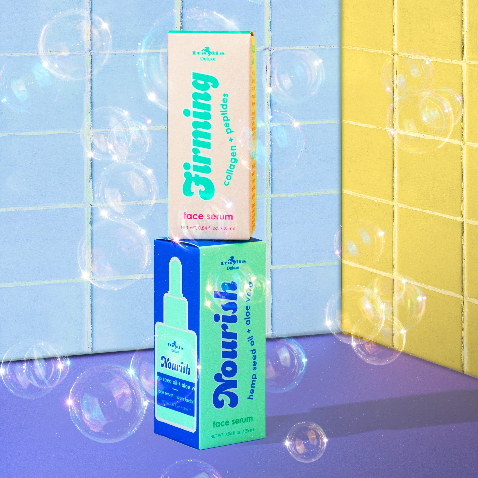 Two skincare product boxes, 'Firming' and 'Nourish', against a tiled wall with soap bubbles.
