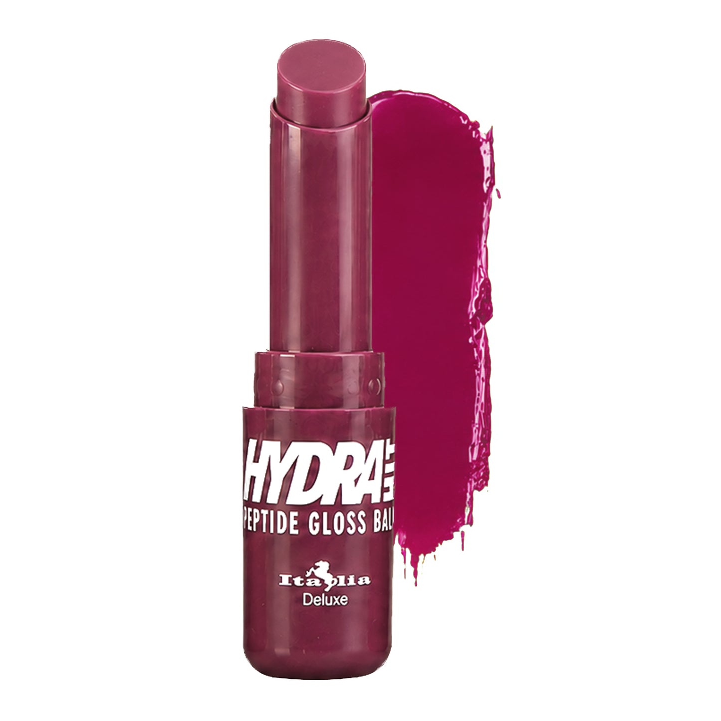 A tube of Italia Deluxe HydraHit Peptide Gloss Balm in a deep berry magenta shade, shown open with a matching lipstick bullet and a textured swipe of the gloss beside it on a white background.