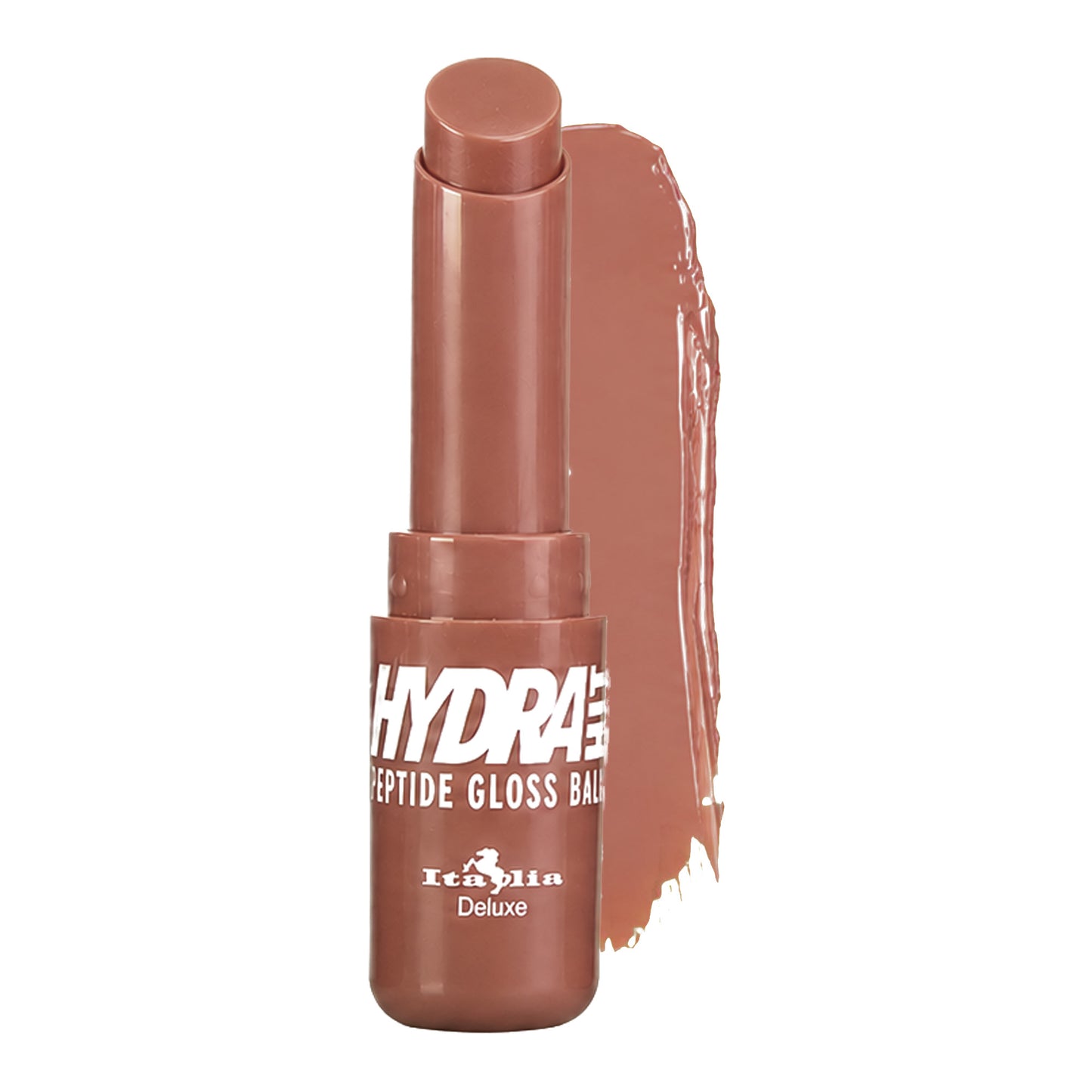 A tube of Italia Deluxe Hydrahit Peptide Gloss Balm in a warm terracotta brown shade, shown with a matching glossy product smear behind it on a white background.