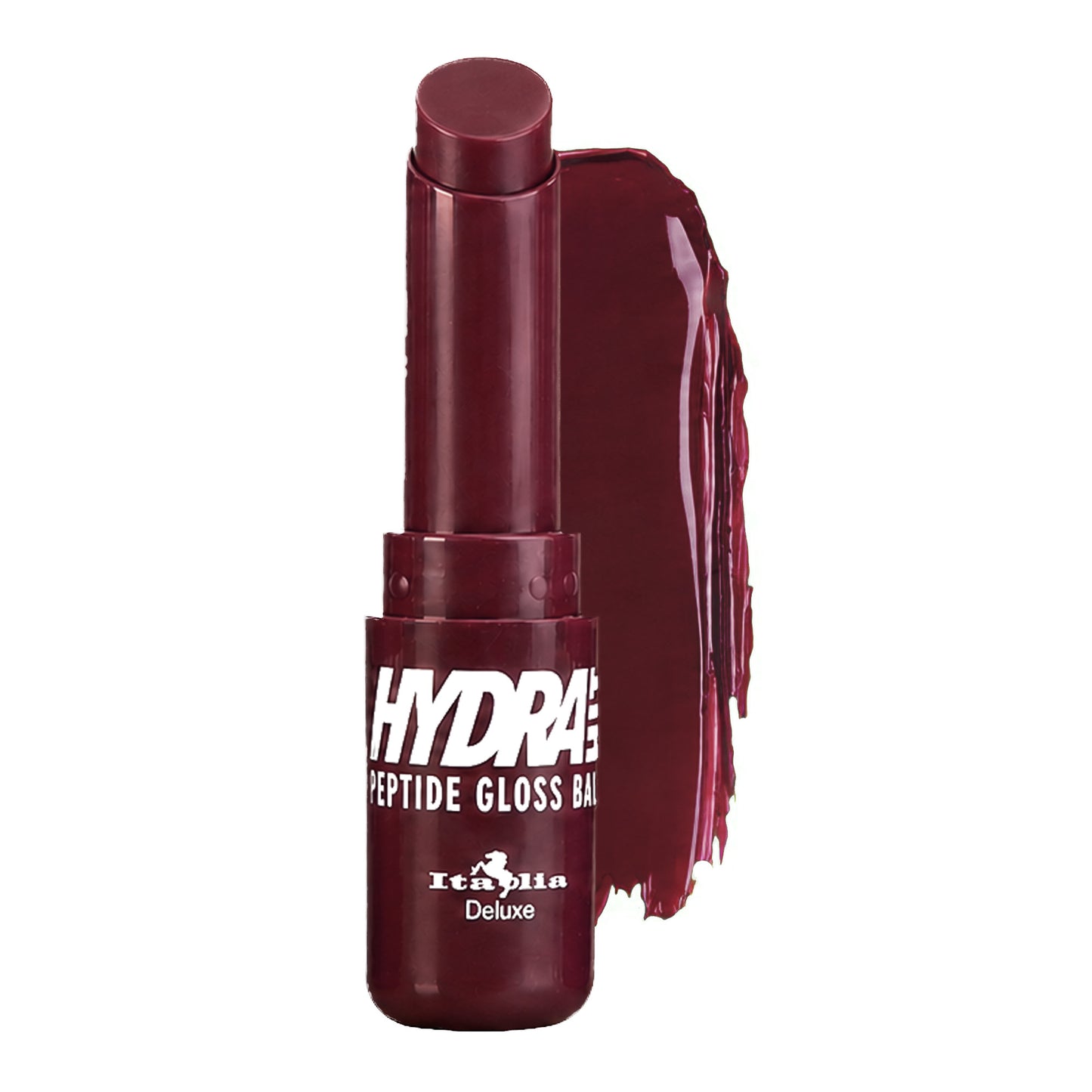 A tube of Italia Deluxe Hydrahit Peptide Gloss Balm in a deep burgundy shade, shown with a glossy smear of the product behind it on a white background.