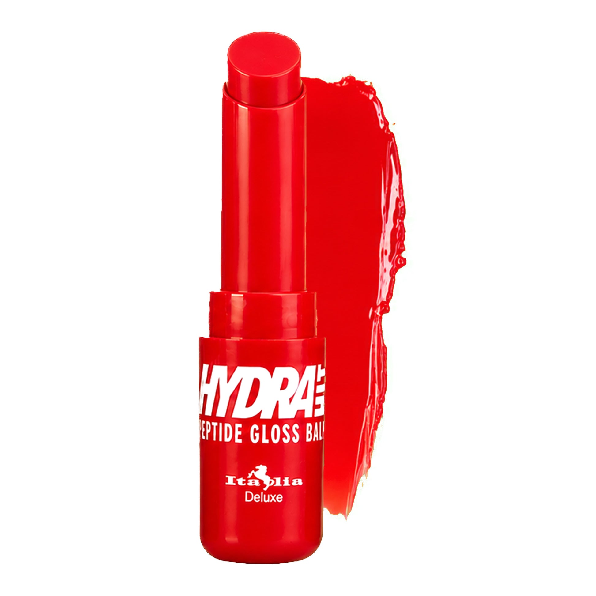 A tube of Italia Deluxe Hydrahit Peptide Gloss Balm in a red shade, shown with a glossy smear of the product behind it on a white background.