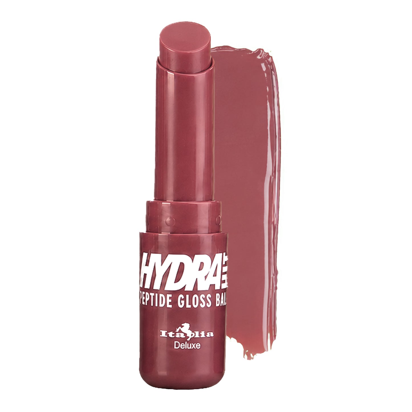 A tube of Italia Deluxe Hydrahit Peptide Gloss Balm in a deep berry pink shade, shown with a glossy smear of the product behind it on a white background.