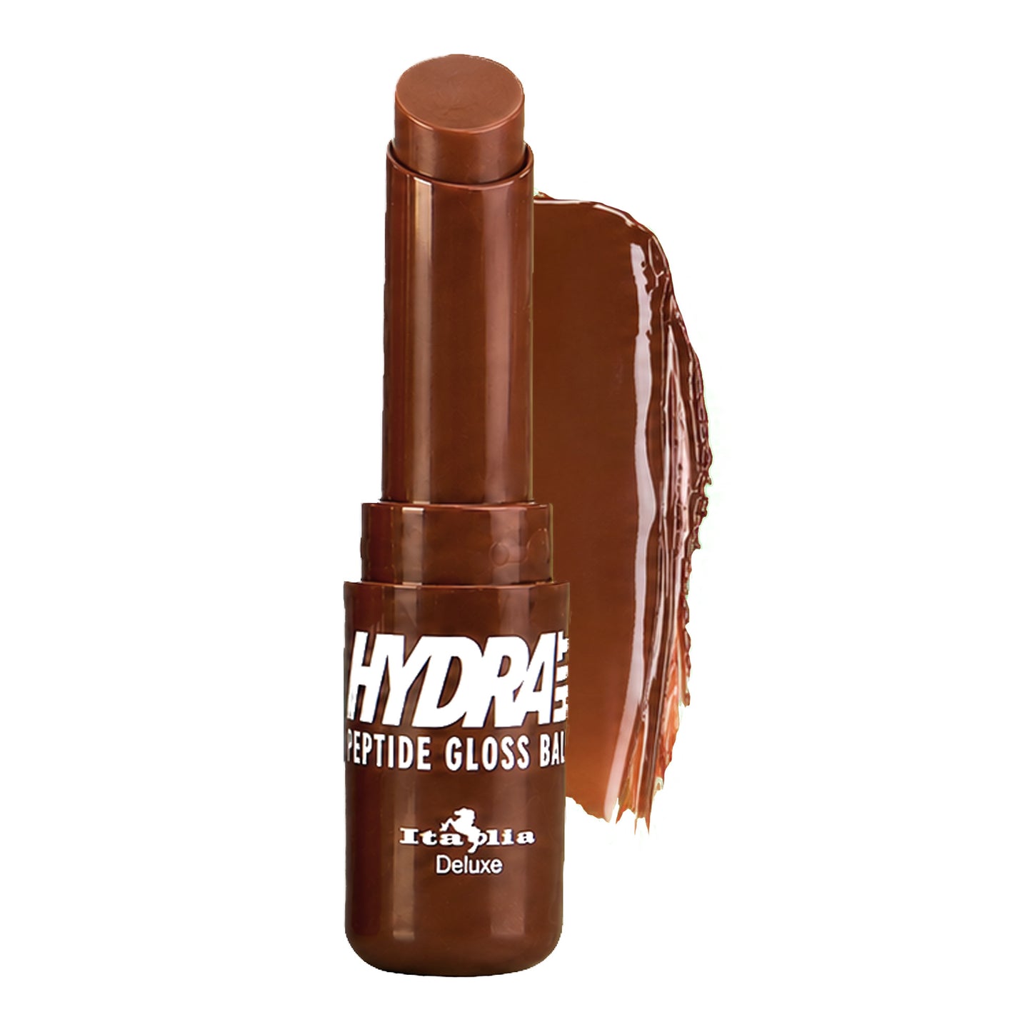 A tube of Italia Deluxe Hydrahit Peptide Gloss Balm in a brown shade, shown with a glossy smear of the product behind it on a white background.