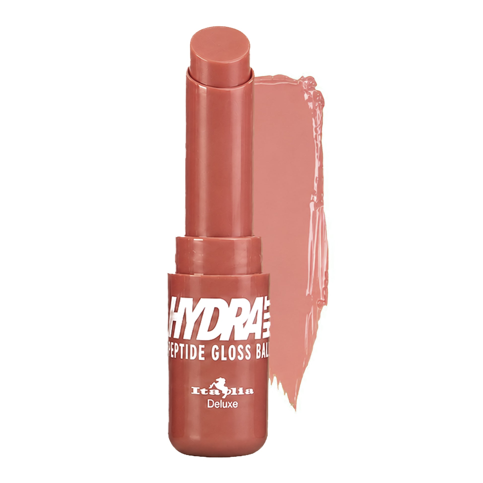 A tube of Italia Deluxe Hydra Peptide Gloss Ball lipstick in a dusty rose pink shade, shown with a matching glossy swatch smear on a clean white background.