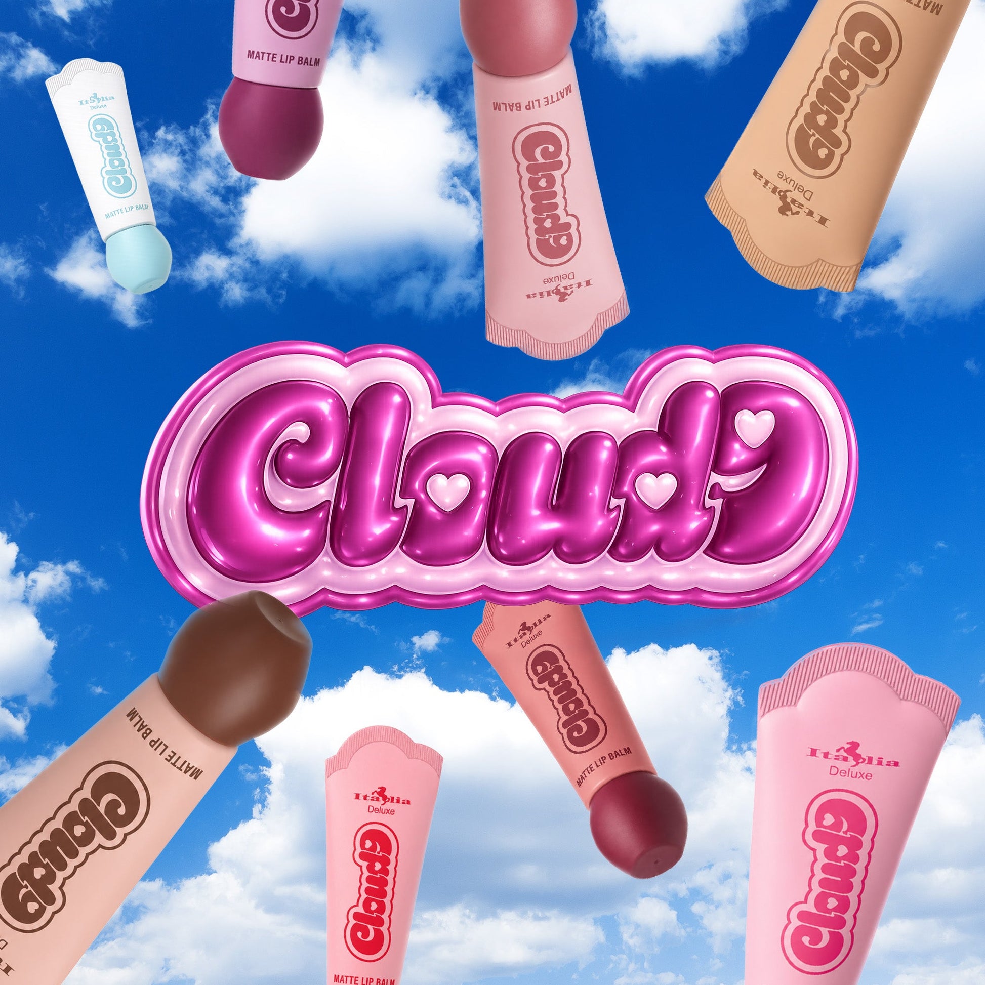 Cloud9 lip balm products with a blue sky and clouds background